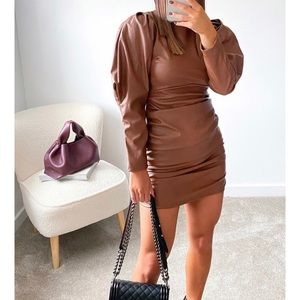 Faux fur leather mini dress camel